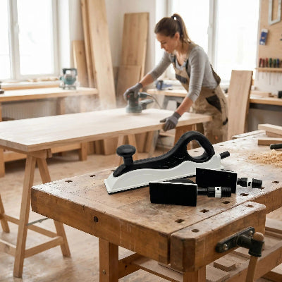 Ponceuse de finition sur établi et femme en atelier de menuserie
