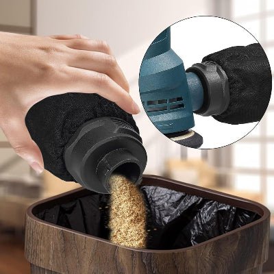 Boîte a poussière de la ponceuse excentrique bleue étant versé dans une poubelle