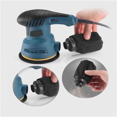 Ponceuse excentrique bleu montrant l'installation du sac à poussière 