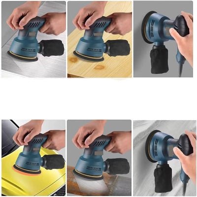 Pponceuse excentrique bleudémontrant les différentes prises en main et différentes positions