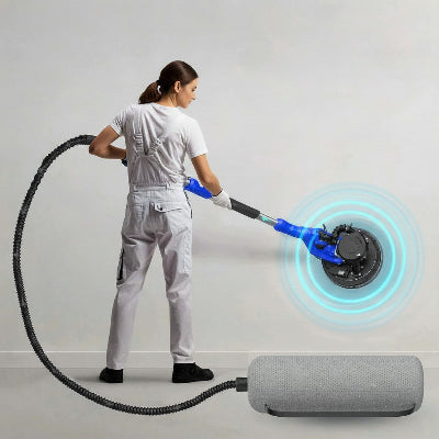 Ponceuse girafe extensible utilisée par une femme sur mur plâtre