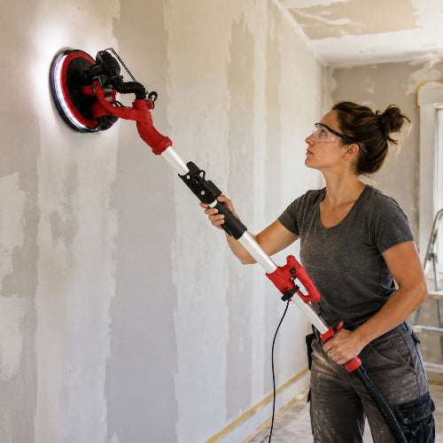 Ponceuse girafe PerfectWall 1250W utilisée sur un mur en rénovation