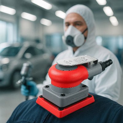 Ponceuse pneumatique carrée et vue environnement atelier peinture 