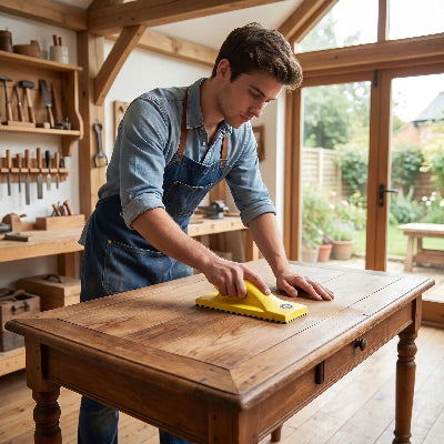 Ponceuse sans aspirateur jeune homme ponçant une table