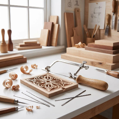 Scies à chantourner ajustable manche en bois sur table d'artisan du bois