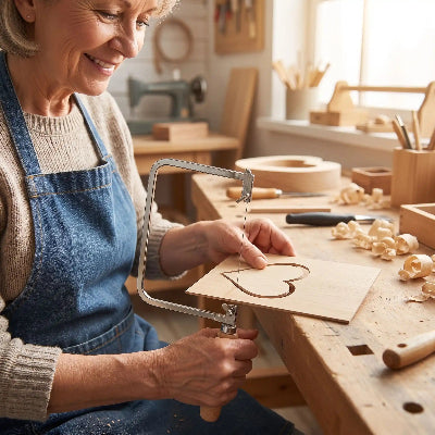 Scie à chantourner main utilisée par femme dans atelier modélisme