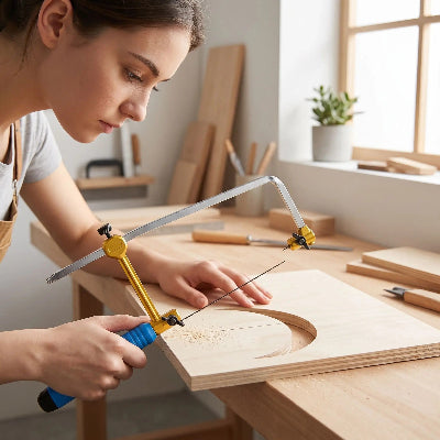 Scie à chantourner à main utilisée par une jeune fille