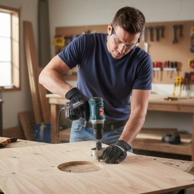 Scie cloche homme perçant une feuille de contreplaqué