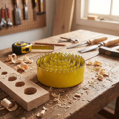 Scie cloche jaune sur établi de menuiserie