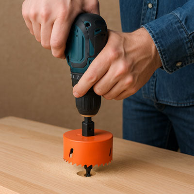 Scie cloche orange commenant à percer dans du bois