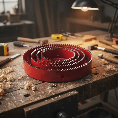 Scie cloche rouge imbriquée sur établi de menuiserie