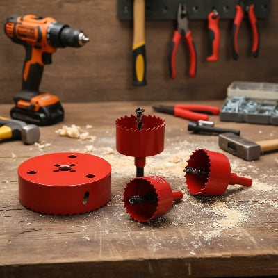 Scie cloche rouge sur établi d'atelier