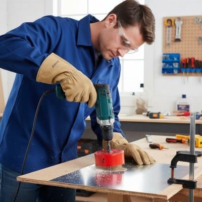 Scie cloche utilisation par homme parçant feuille métal