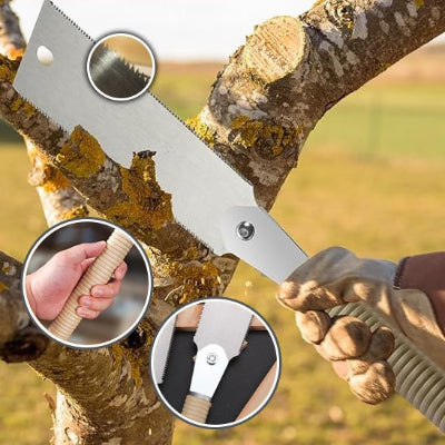 Scie japonaise ryoba et vue de ses dents accérées pour la coupe de branches