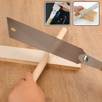 Scie japonaise ryoba montrant le mode de fixation du manche à la lame