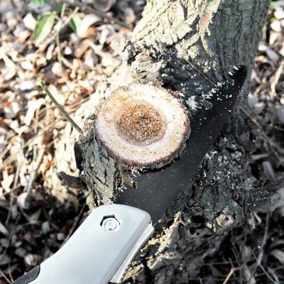 Scie jardinature utilisée pour couper un petit tronc d'arbuste