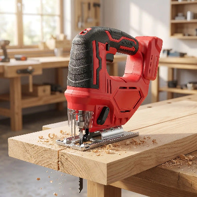 Scie sauteuse 18V sur une pièce de bois dans atelier