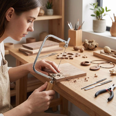 scies à chantourner modèle fixe utilisée par jeune femme  pour découper des bijoux en bois