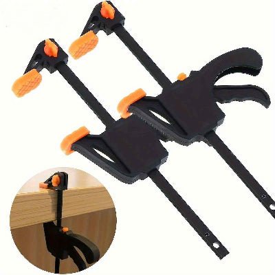 Serre joint menuisier polyvalent 30cm et vue des cousinets en plastique souple