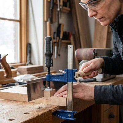 Serre joint utilisé par femme pour tenir une pièce de bois sur établi
