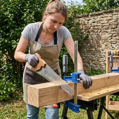 Serre joint utilisé par femme pour tenir poutre sur établi portatif