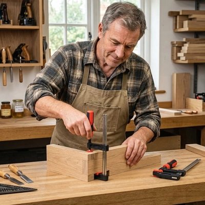 Serre joint utilisé par homme en atelier menuiserie