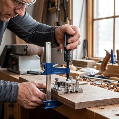 Serre joint utilisé par homme pour fixer planche sur établi