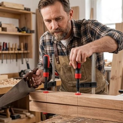 Serre joint utilisé par homme pour maintenir deux pièces de bois
