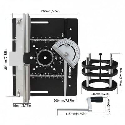 Table pour défonceuse noire avec élévateur et dimensions