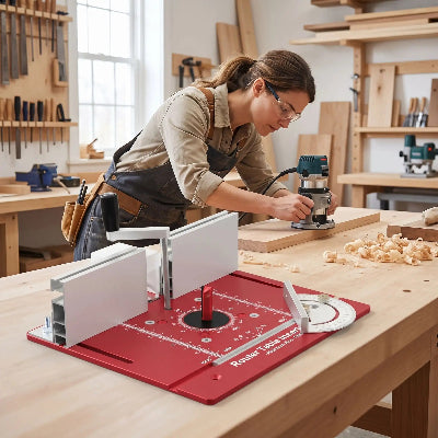 Table pour défonceuse sur table d'atelier de menuiserie et femme y travaillant