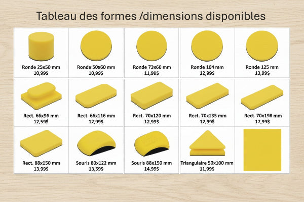 Tableau formes-dimensions ponceuses disponibles