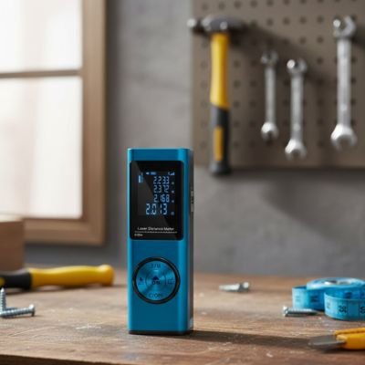 Télémètre laser bleu sur établi