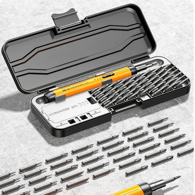 tournevis electrique orange avec boitier et collection d'embouts pour tous vos bricolages