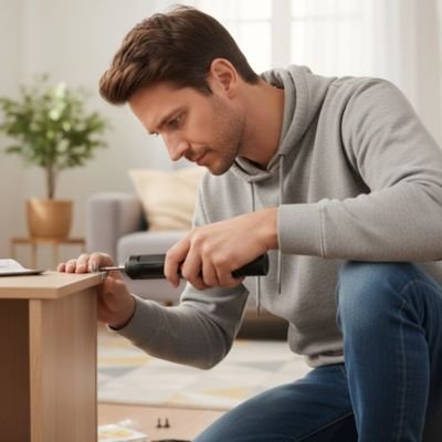 Tournevis electrique utilisé par un homme pour visser un meuble