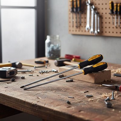 Tournevis Phillips et Plat sur établi d'atelier