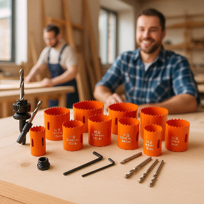 Un menuisier regarde sa nouvelle trousse de scies cloche pour bois en souriant