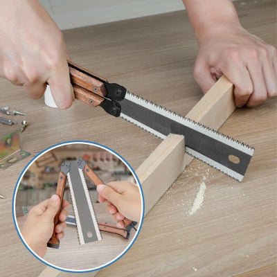 Utilisation de la scie pliante pour couper une pièce de bois et vue sur le pliage de la scie