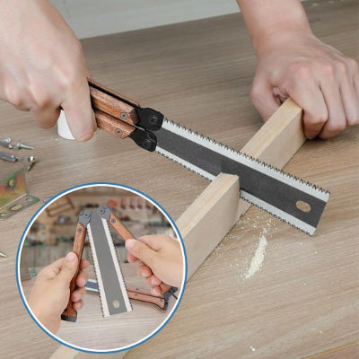 Utilisation de la scie pliante pour découper une pièce de bois et perspective sur le pliage de la scie